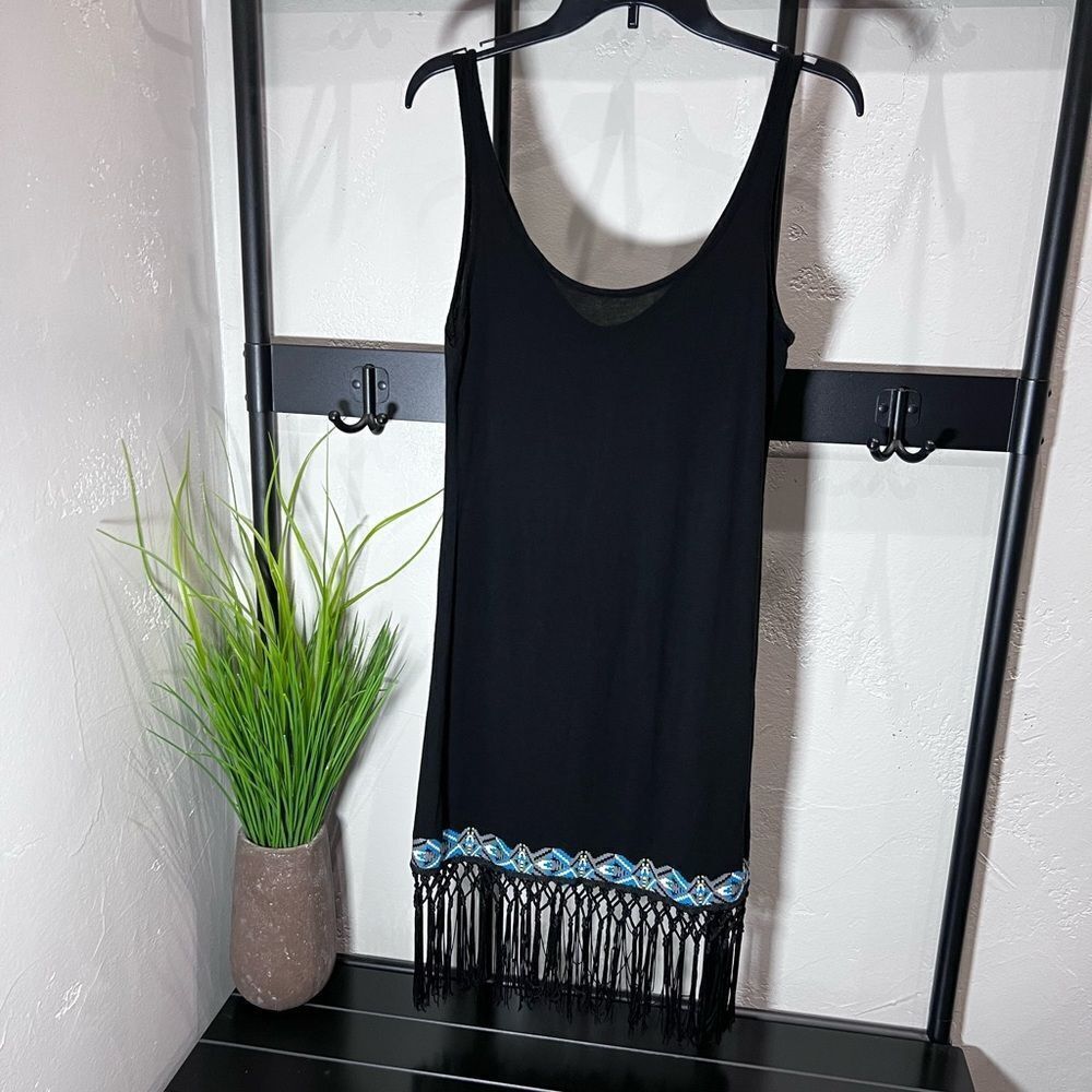 Volcom Black Midi Dress with Blue Embroidered Trim and Fringe